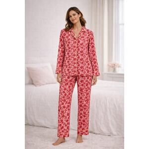 Shira Leah Chicago Cotton Pajama Set Pink Red Floral Yellow Trim Small